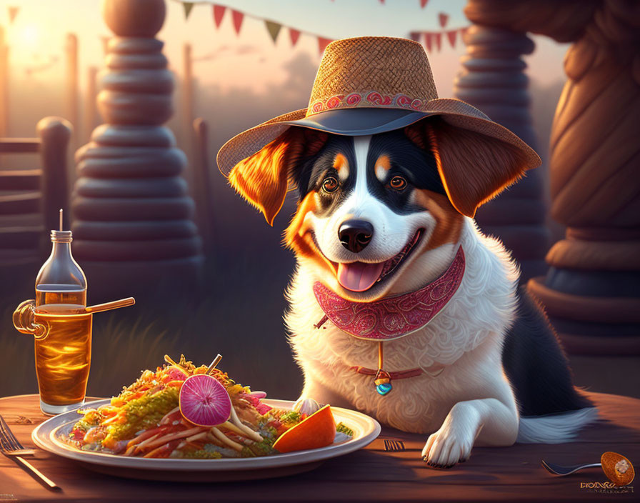 Cartoon Dog Enjoying Pasta at Sunset Outdoor Table