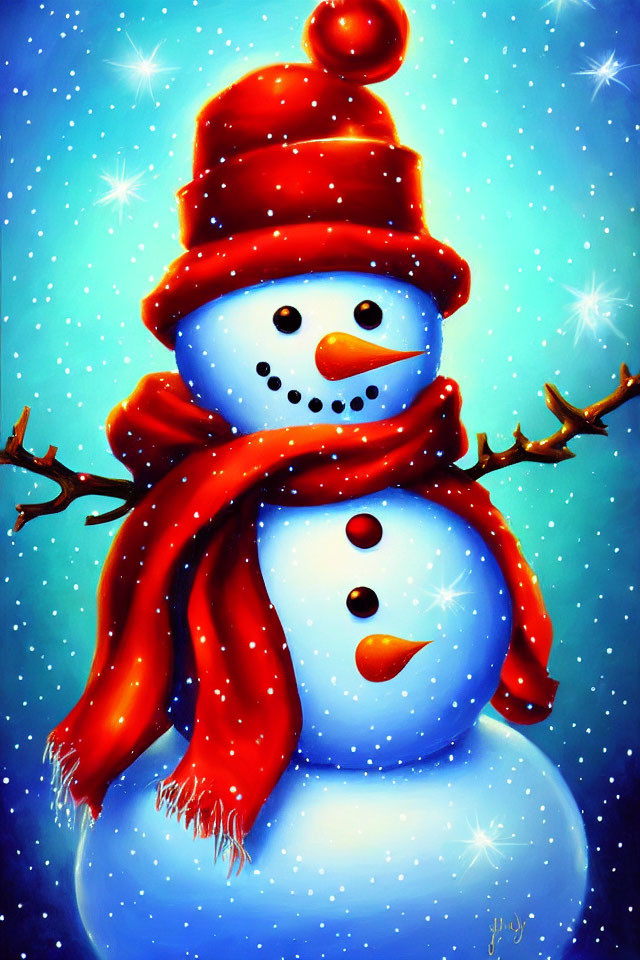 Cheerful snowman with red hat and scarf on starry blue background