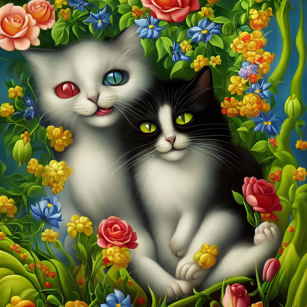 Stylized cats with heterochromatic eyes in floral embrace
