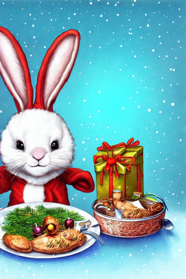 Illustrated rabbit in red sweater with festive food and gift on snowy blue background