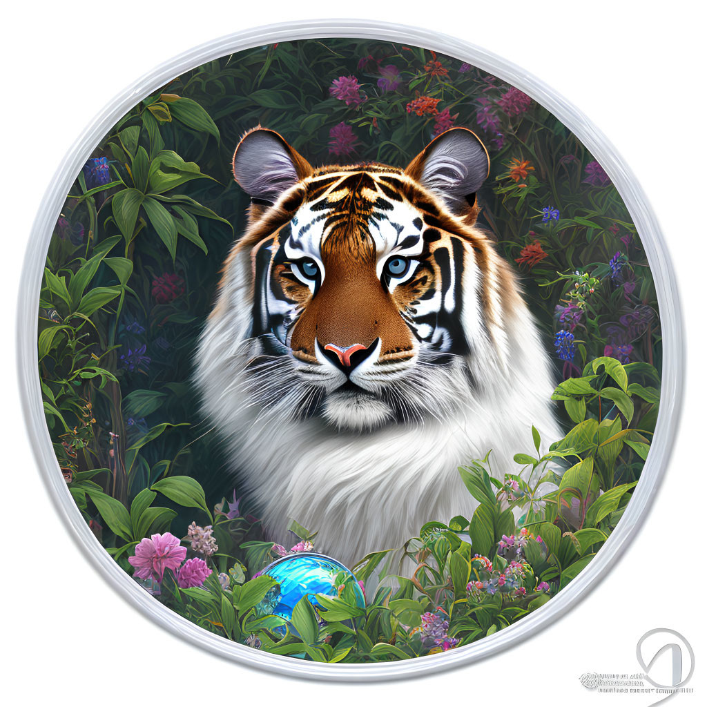 Detailed Tiger Face Illustration Surrounded by Green Foliage and Flowers