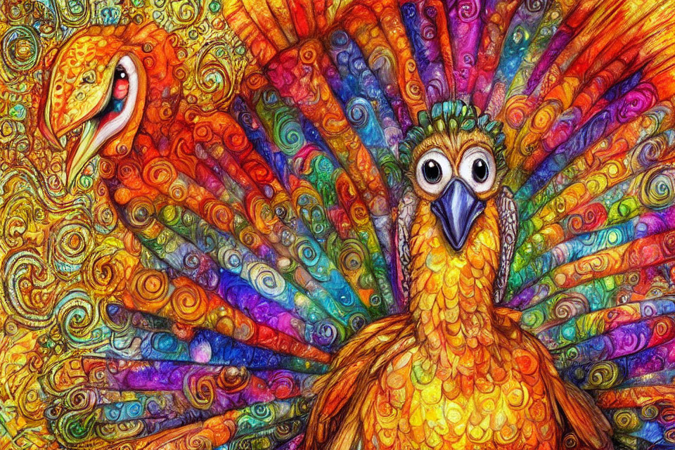 Colorful Peacock Image with Intricate Patterns in Reds, Oranges, and Blues