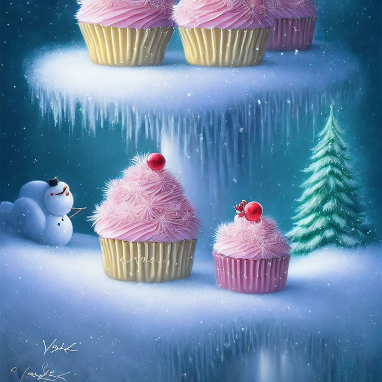 Whimsical winter scene with pink cupcakes, snowman, and pine tree