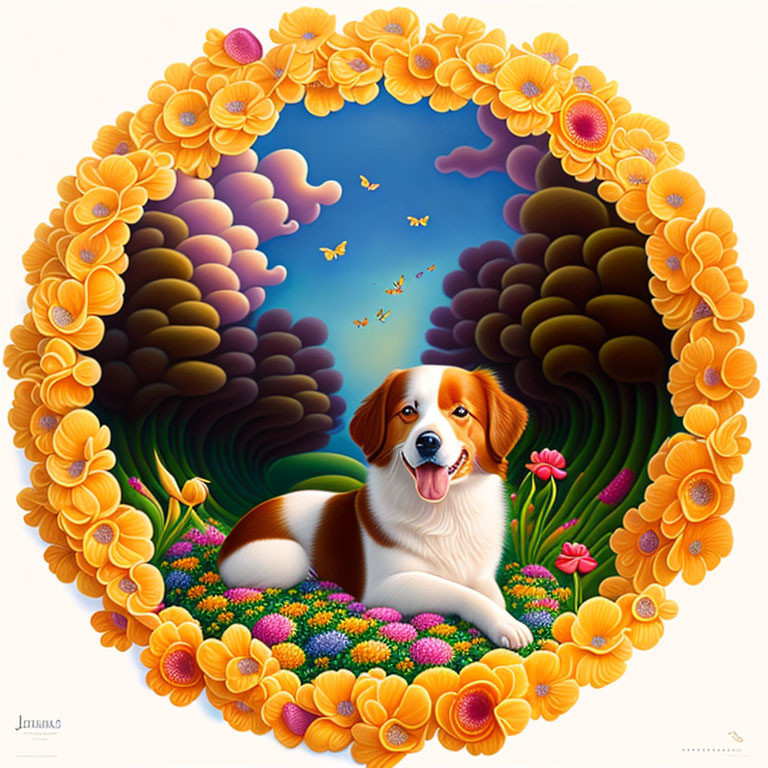 Colorful Flowers and Whimsical Elements Surround Cheerful Dog
