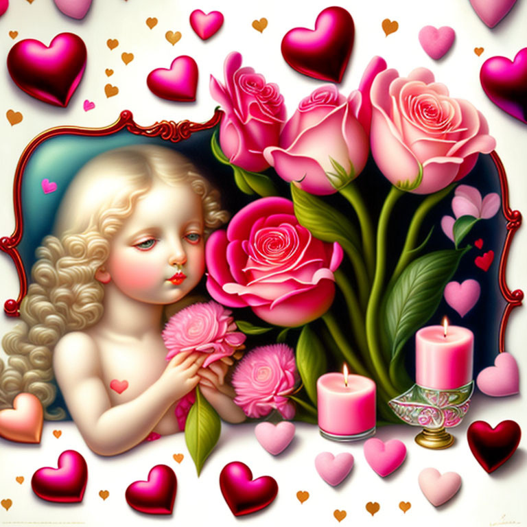 Cherub with curly hair holding pink flower in romantic setting