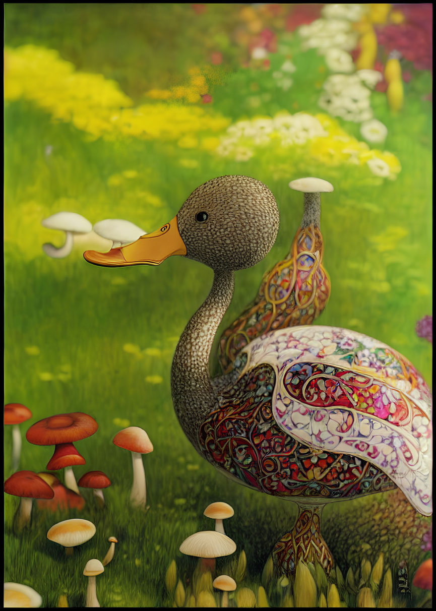 Patterned Duck Surrounded by Colorful Mushrooms and Greenery