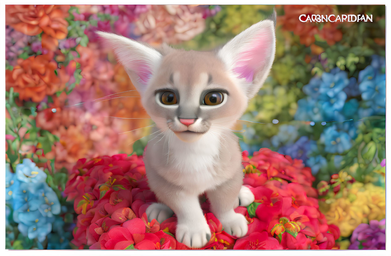 Adorable animated kitten surrounded by colorful flowers