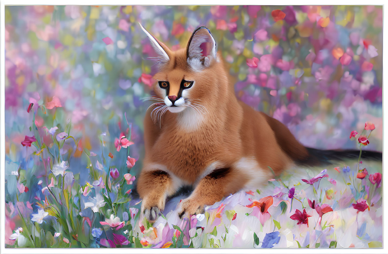 Majestic caracal cat with ear tufts in vibrant flower field