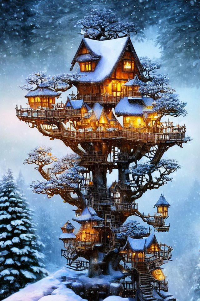Intricate multi-level treehouse in snow-covered branches at twilight