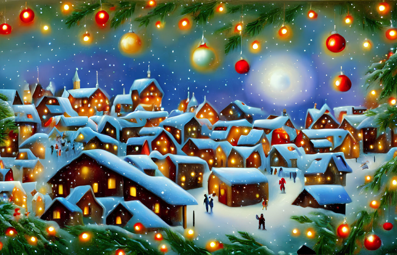 Snow-covered winter village with Christmas decorations and starlit sky
