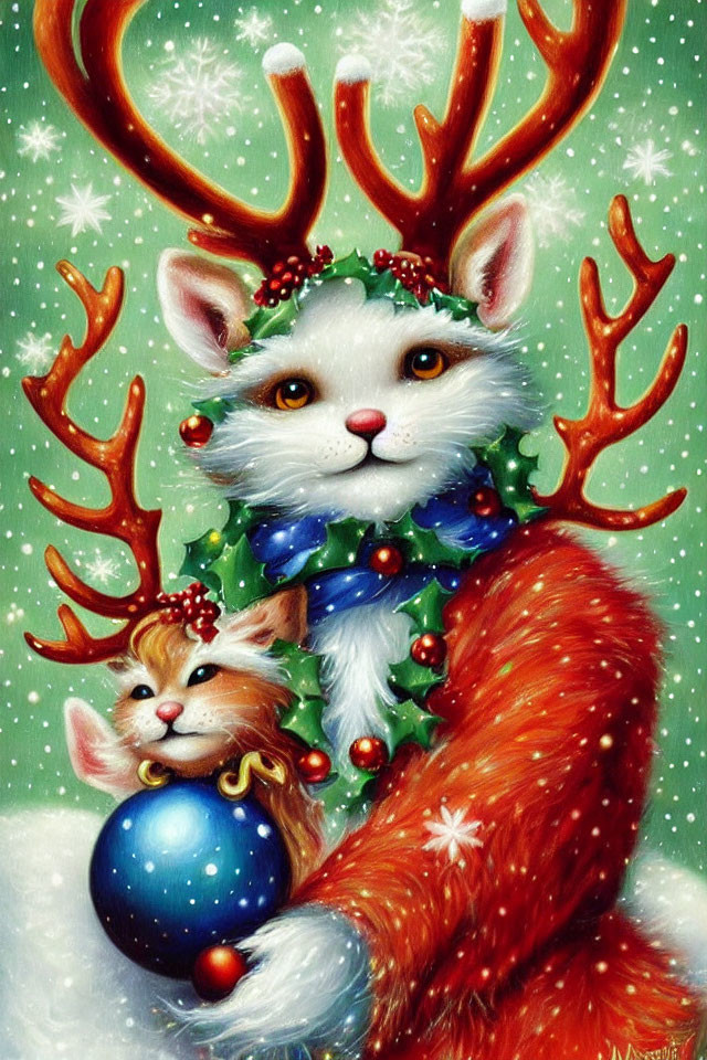 White cat with antlers and wreath holding ornament, squirrel in scarf, snowflakes scenery.