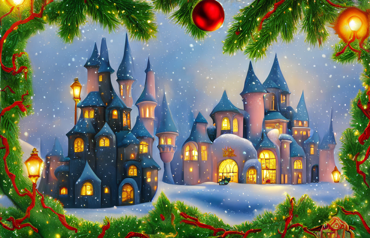 Snow-covered castle with twinkling lights in festive winter scene