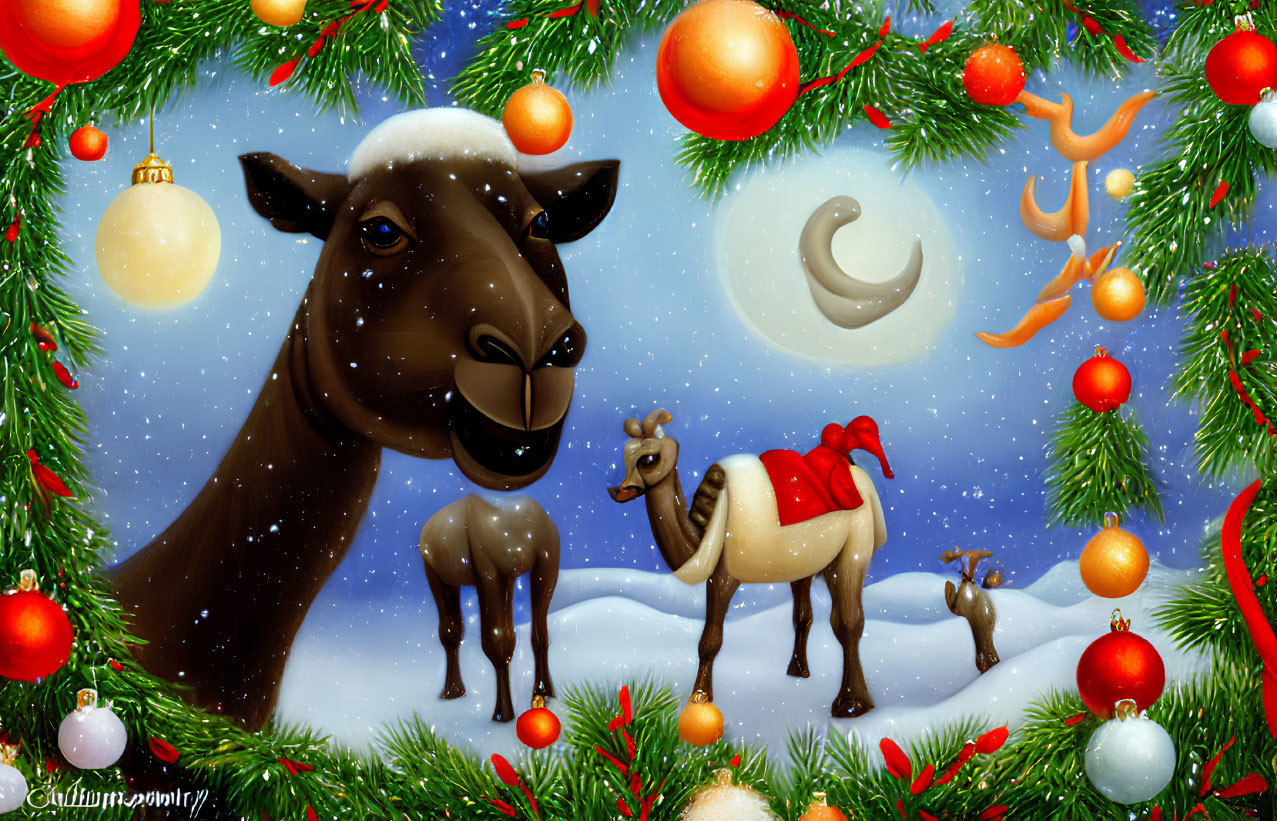 Festive llama illustration with red saddle in snowy scene
