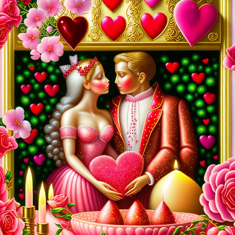 Romantic couple in fancy attire holding heart surrounded by flowers, hearts, and candles