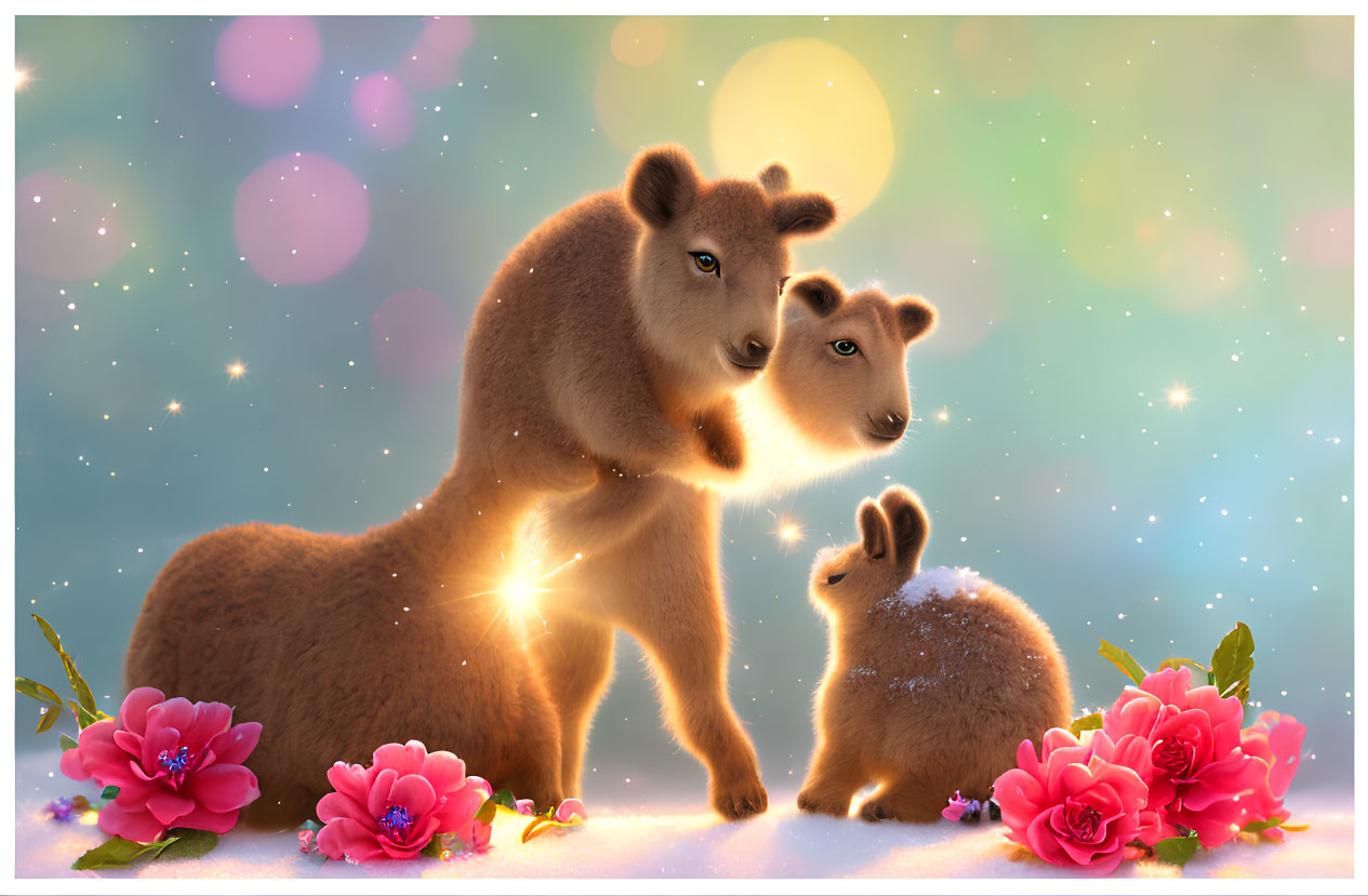 Animated bears and rabbit in flower-filled scene with warm light and sparkles