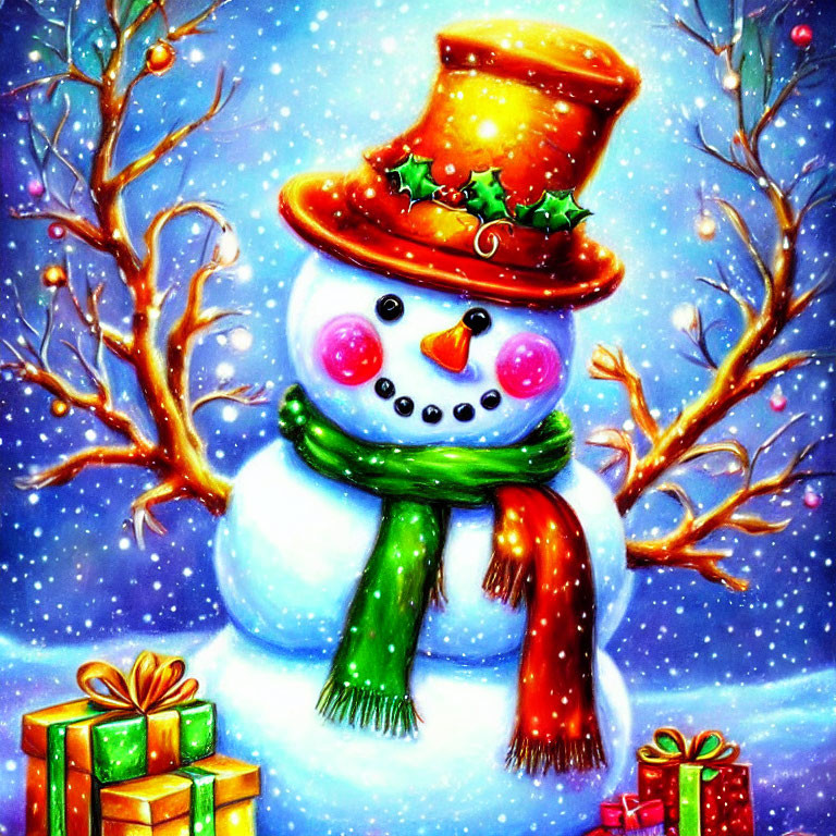 Cheerful snowman in top hat and scarf with snowy trees and gift boxes under starry sky