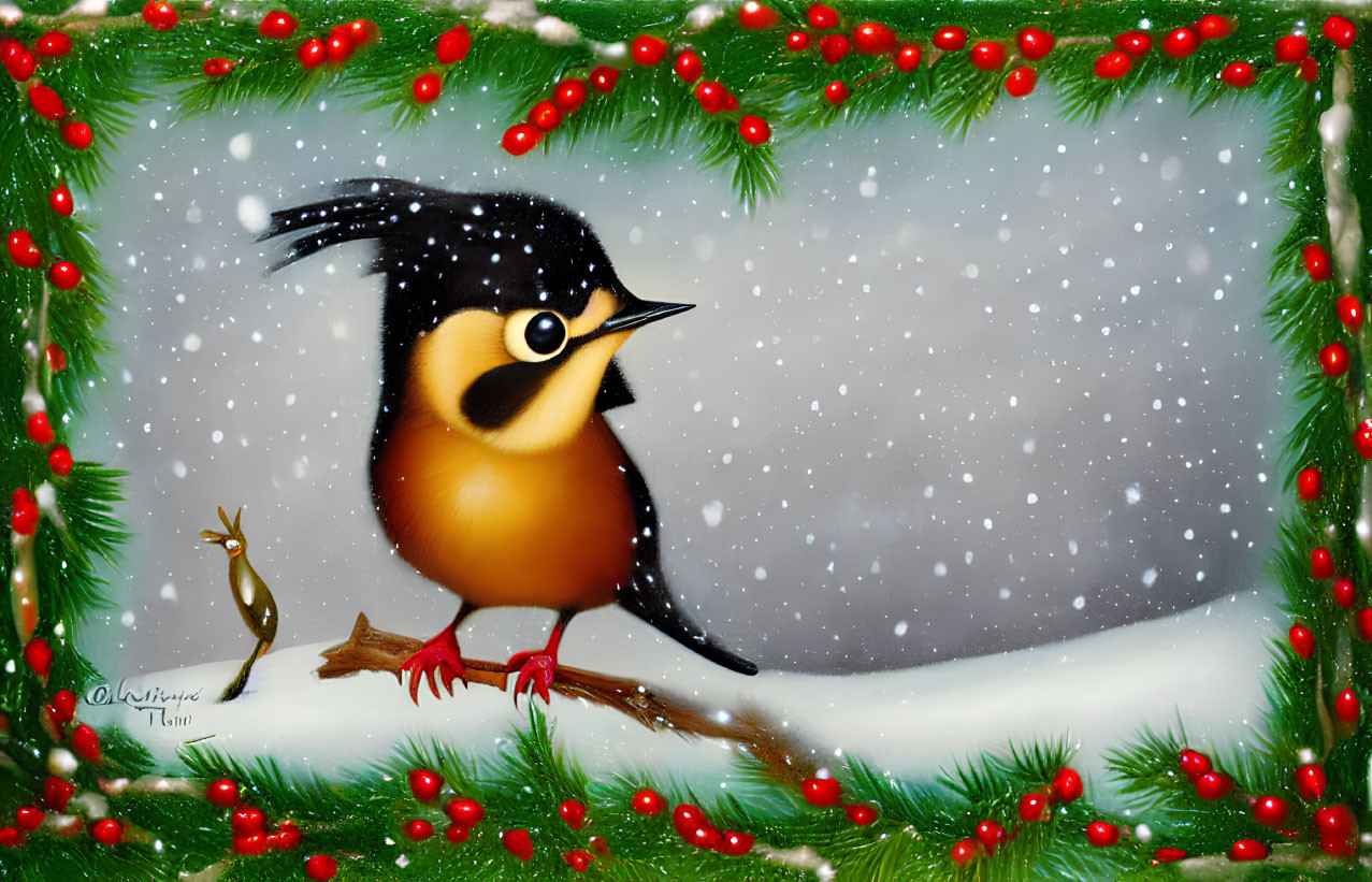 Illustration of plump bird with black crest on snowy branch surrounded by festive garland
