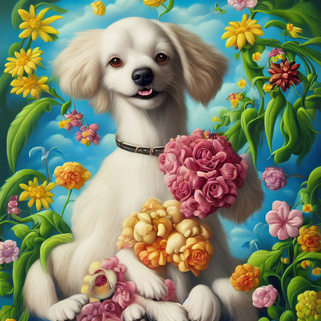 Colorful Flower-Decorated White Dog on Bright Blue Background