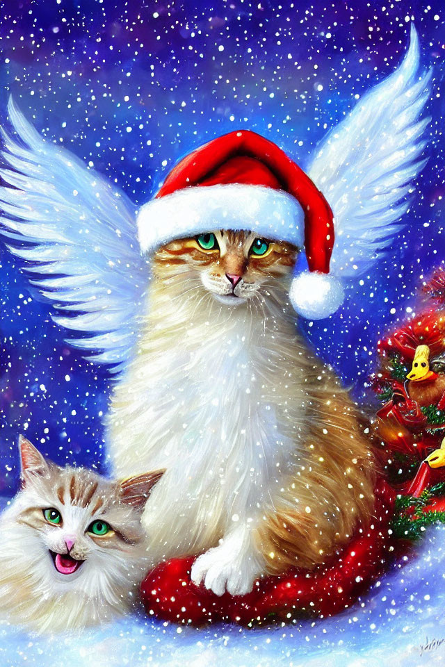 Whimsical cats with wings in Santa hats on snowy scene