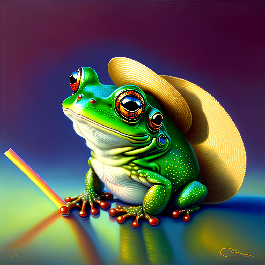 Colorful Green Frog with Straw Hat and Orange Necklace beside Yellow Straw