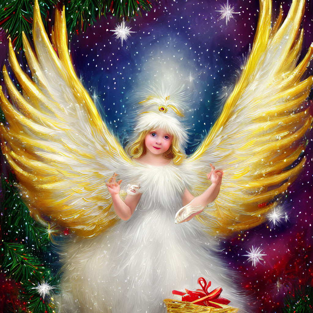 Golden-winged cherub surrounded by stars and evergreen branches