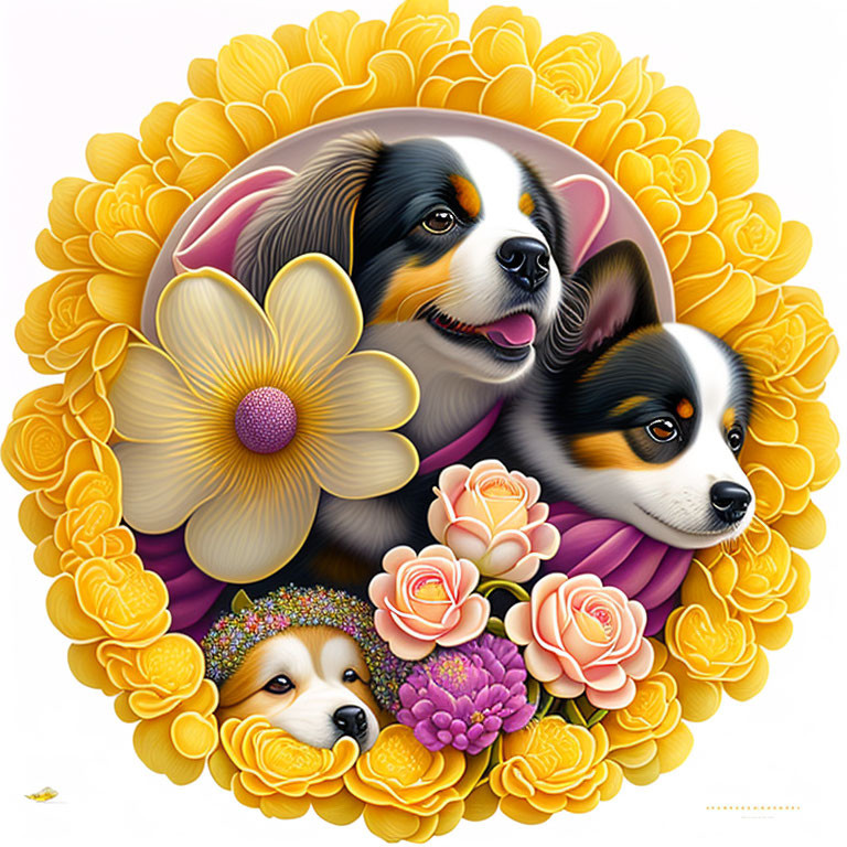 Vibrant illustration of three cute dogs with whimsical flowers