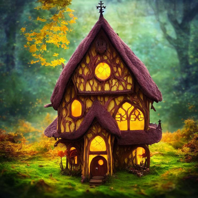 Cozy fairy-tale cottage in mossy forest clearing