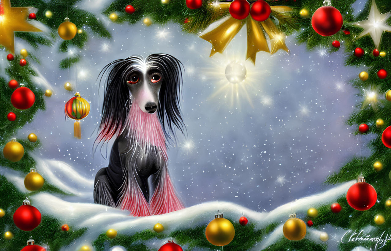 Black and White Dog in Festive Christmas Scene with Ornaments and Snowflakes