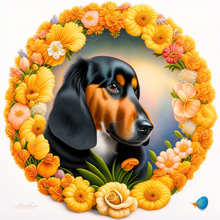 Detailed Illustration of Black and Tan Dog Surrounded by Vibrant Flowers