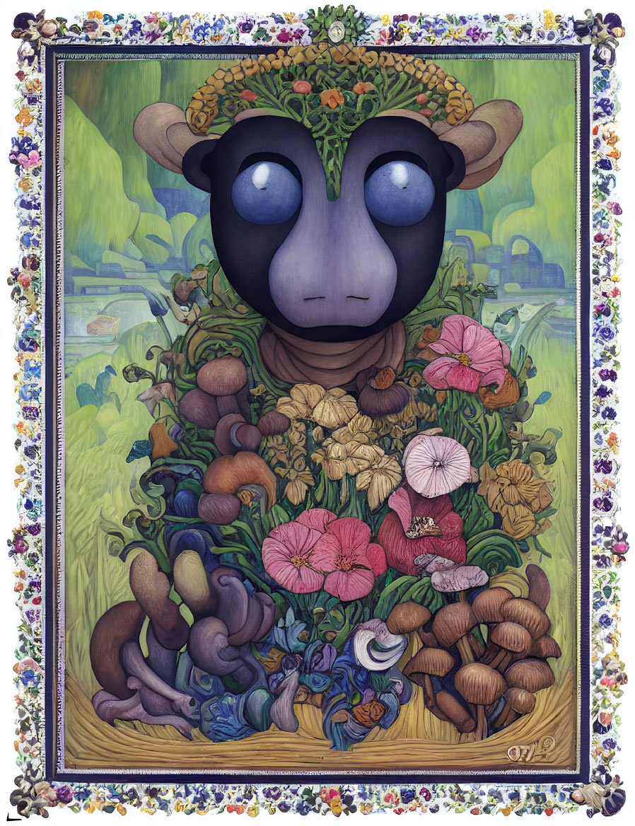 Anthropomorphic sheep surrounded by colorful flowers and mushrooms in ornate frame