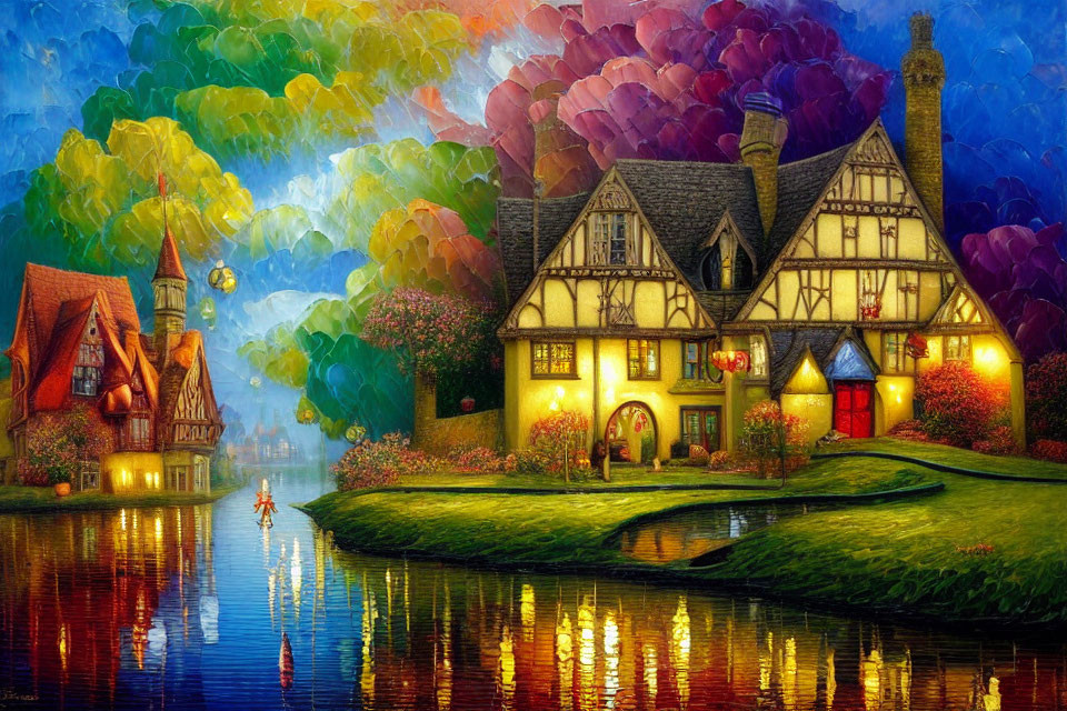 Colorful Painting of Tudor-Style House by River
