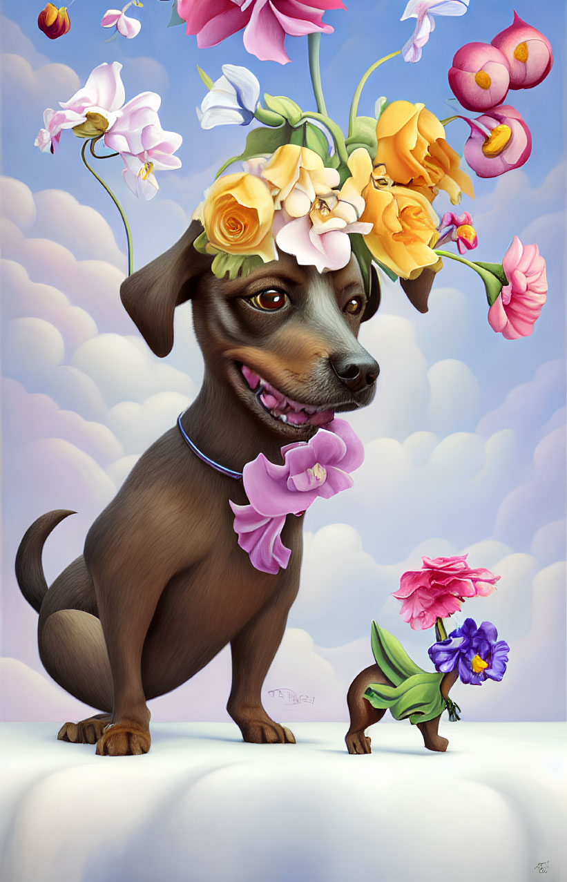 Whimsical painting of brown dog with flower head next to mini dog