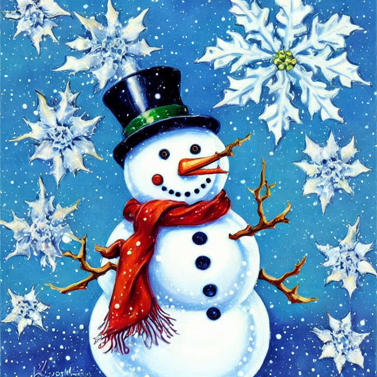 Cheerful snowman with top hat, red scarf, and carrot nose on blue background