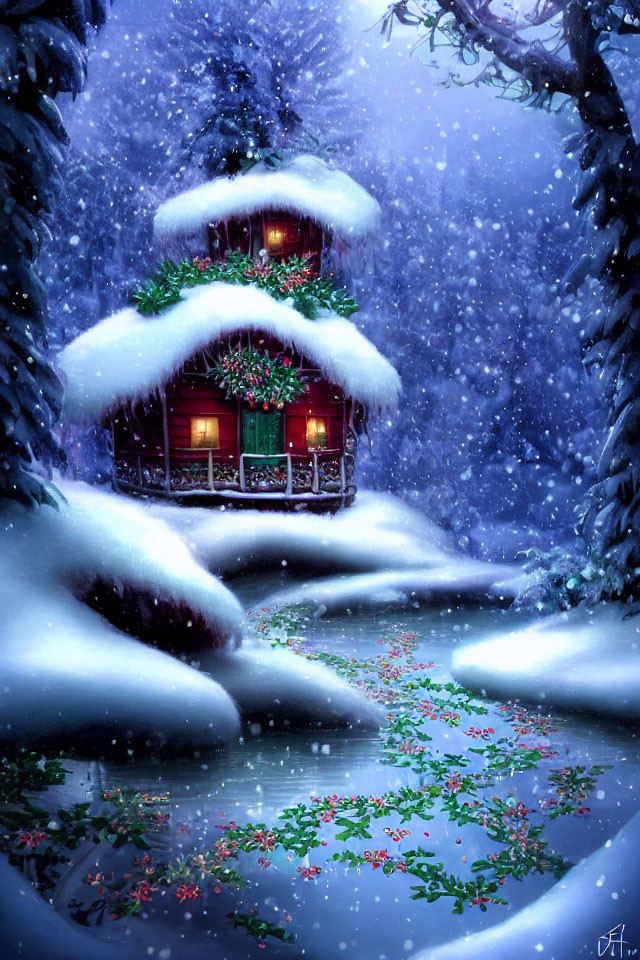 Snowy forest cabin with Christmas wreaths in serene winter scene