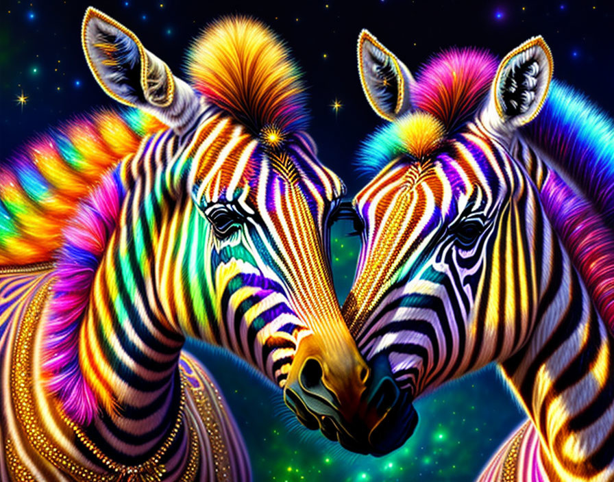 Vibrantly colored neon-striped zebras against cosmic starry background