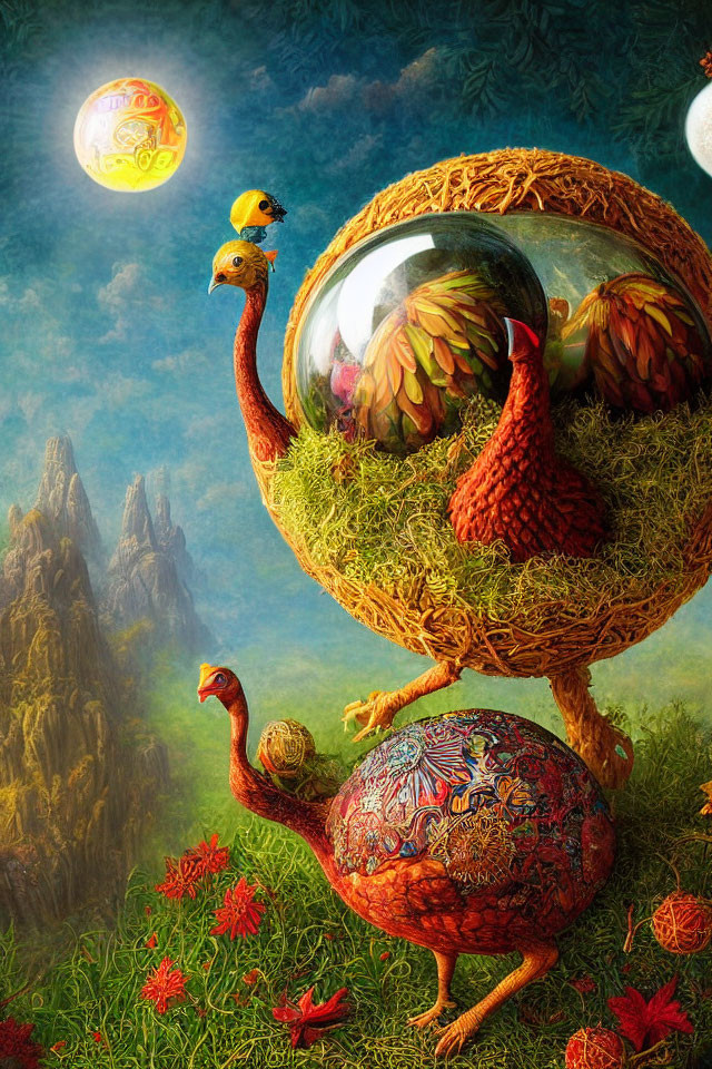 Vibrant ostrich-like birds with ornate shells in surreal landscape