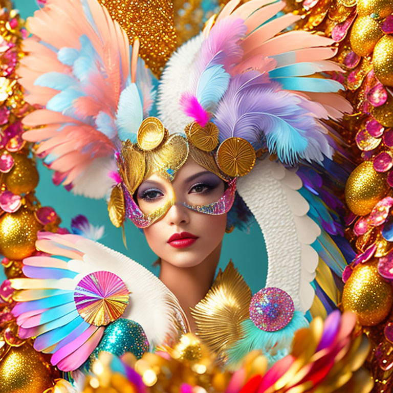 Elaborate carnival mask with feathers and sequins on vibrant backdrop