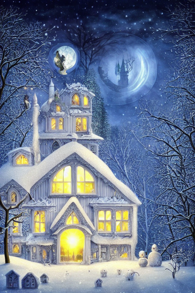 Glowing house in snowy winter scene with moonlit sky and snowman figures