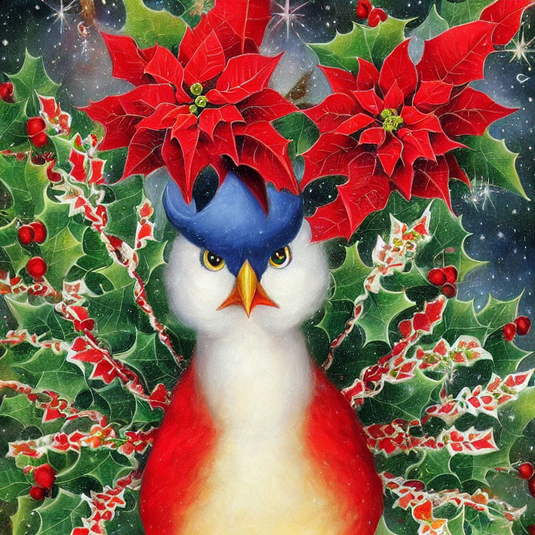 White and red grumpy bird surrounded by poinsettias and holly leaves