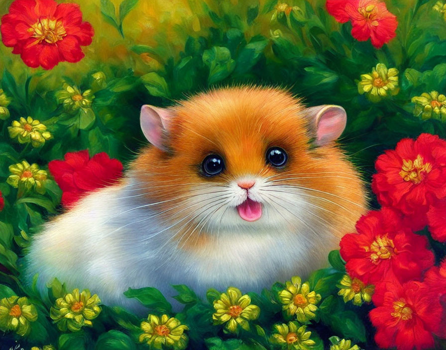 Colorful Hamster Illustration Among Red and Yellow Flowers