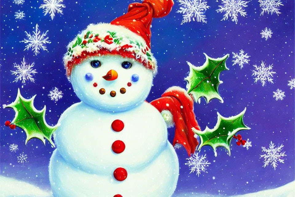 Snowman with Red Hat and Scarf in Falling Snowflakes
