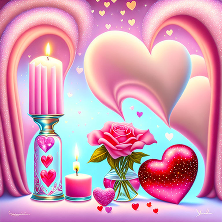 Romantic Symbols: Lit Candles, Pink Rose, Heart Shapes on Pink & Purple Background