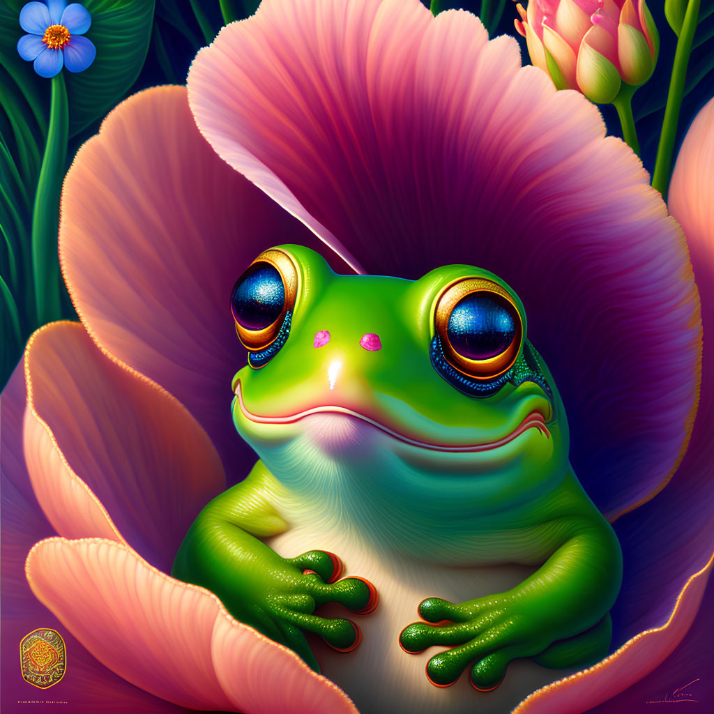 Colorful Frog Sitting on Flower Petal in Detailed Art Style