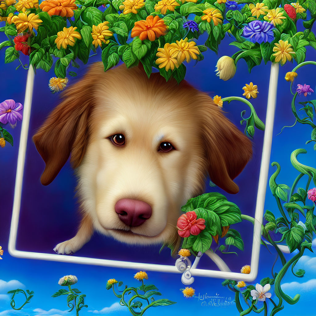 Whimsical dog face surrounded by blooming vines on blue background
