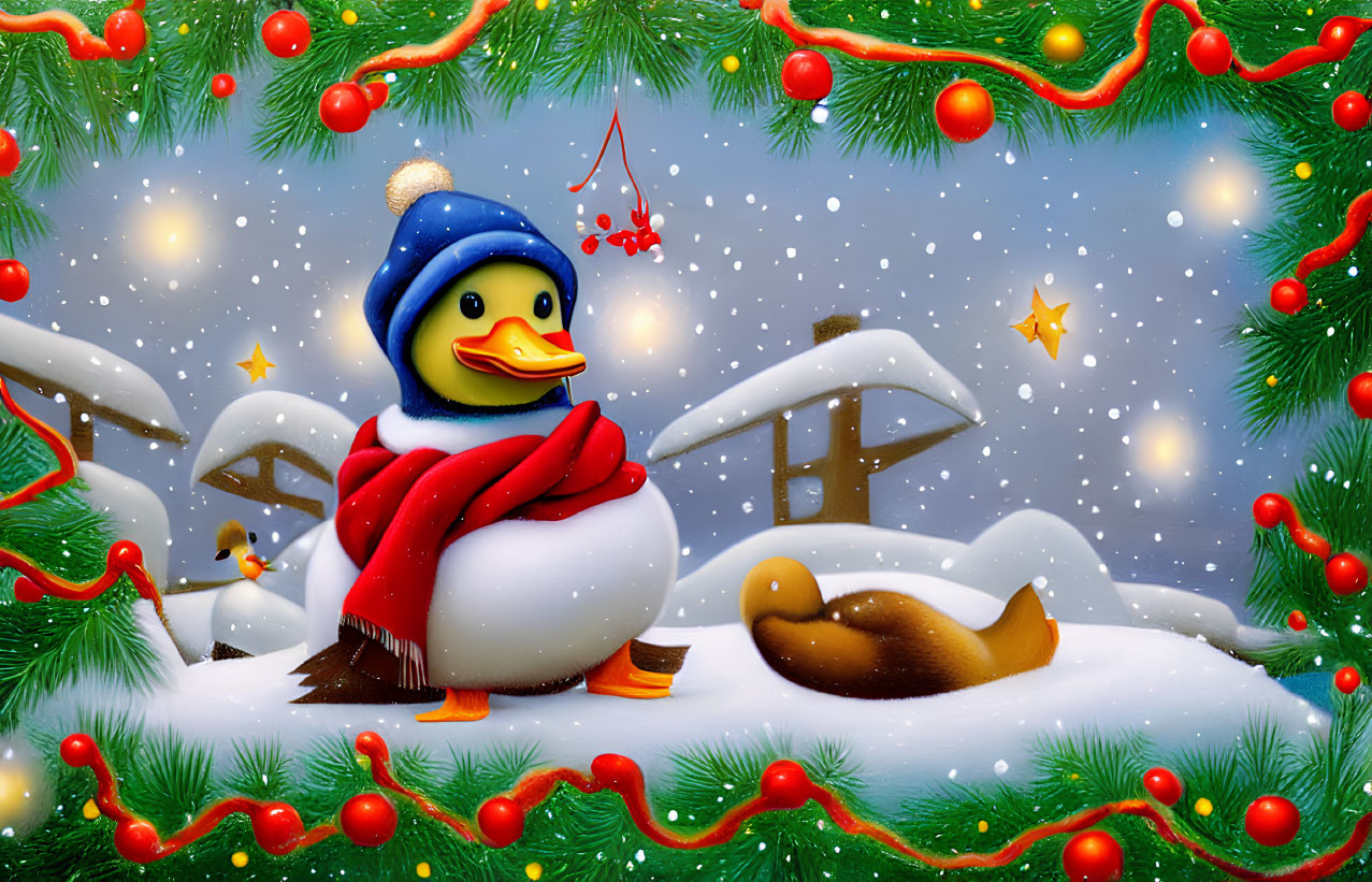 Winter Scene: Cheerful Duck in Blue Hat and Red Scarf Surrounded by Snow, Greenery