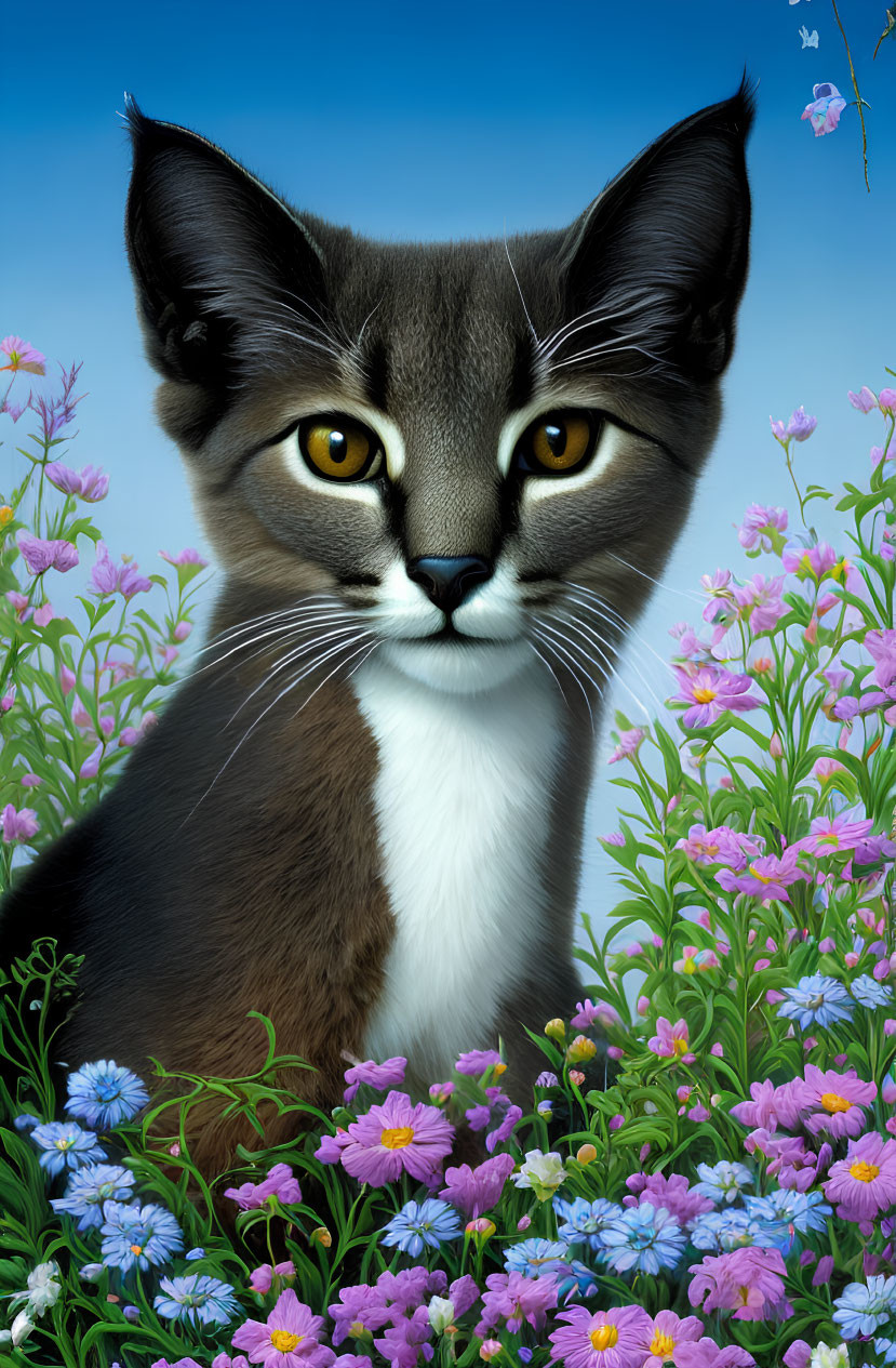 Detailed Grey and White Cat Illustration with Yellow Eyes and Wildflowers