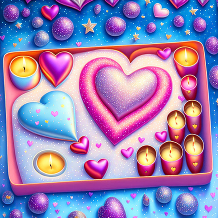 Colorful Heart Shapes and Candles in Magical Starry Sky