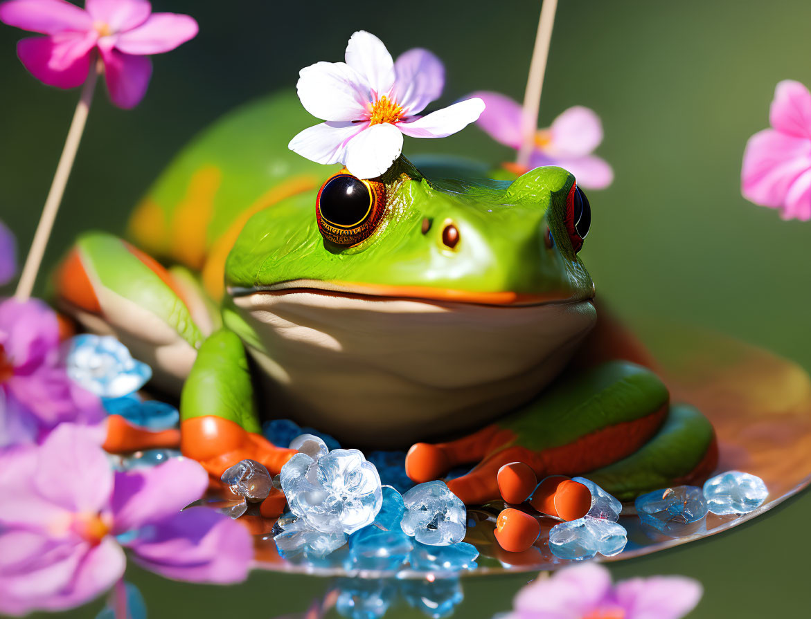 Colorful Frog with Flower on Head Among Flowers and Beads
