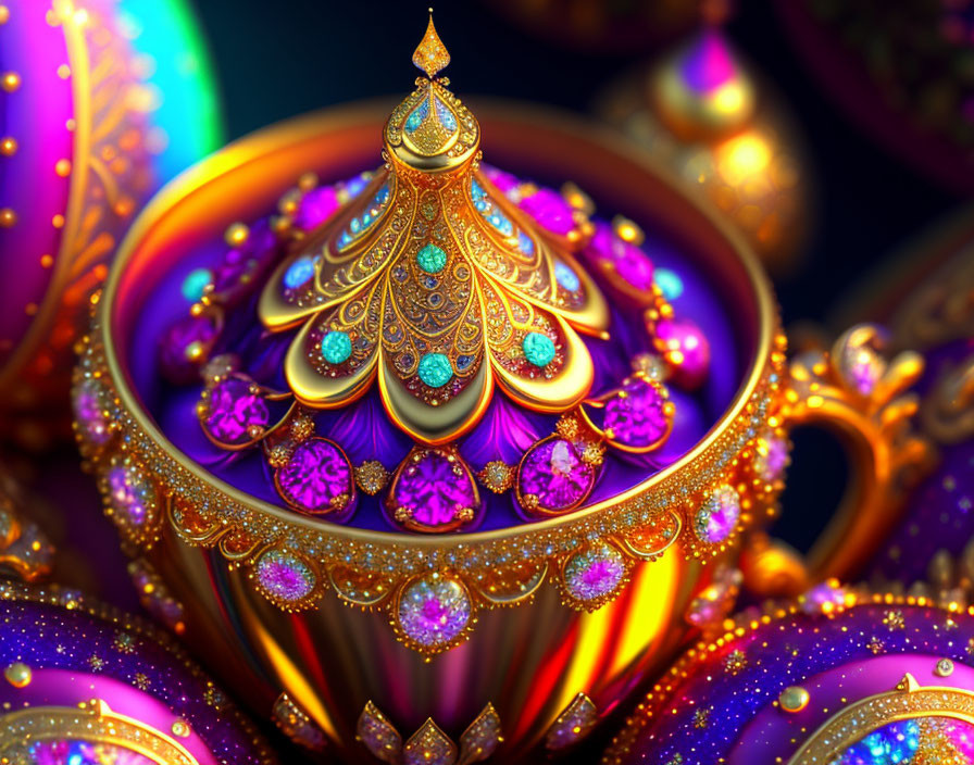 Colorful fractal artwork of ornate jeweled structure with intricate patterns.