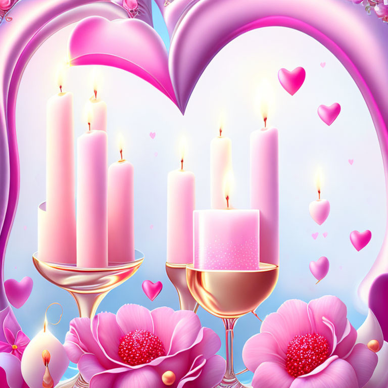 Romantic Candlelit Scene with Pink Flowers and Hearts